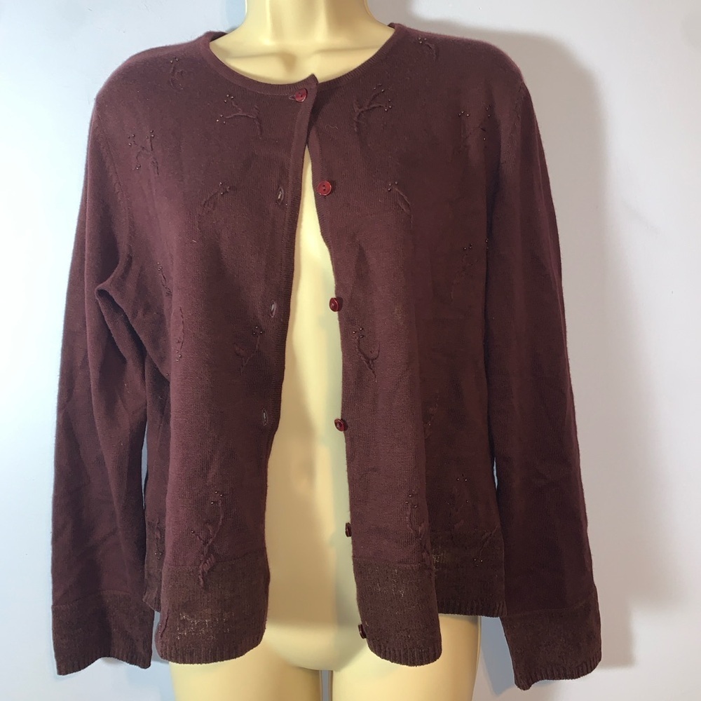 Norton vintage burgundy wine beaded chenille trim cardigan size medium Y2K